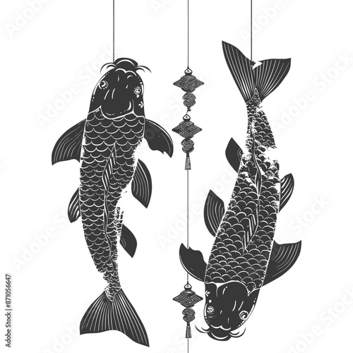 Hanging Koi Carp Illustration: Black and White, Japanese Lanterns.