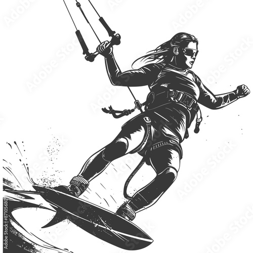 Kitesurfer Woman: Dynamic Black and White Graphic, Water Sport Action, Windblown Hair.