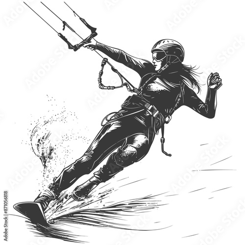 Monochrome Kiteboarder: Dynamic Action Sketch of a Woman in Harness.