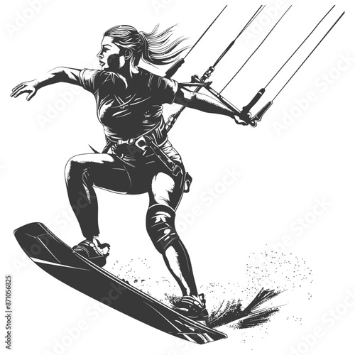 Dynamic Kitesurfer Girl, Monochrome Vector, Watersports Action