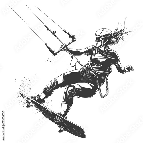 Kitesurfing Woman, Vector Illustration, Isolated, Monochrome Action.