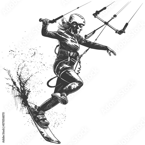 Dynamic Kitesurfer: Grayscale Ink Illustration of Woman Riding Wave