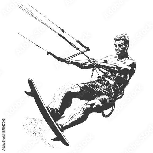 Kitesurfer in Action: Graphic Illustration of a Determined Man Harnessing the Wind.