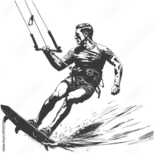 Kitesurfer in Action: Vector Illustration of a Man Riding the Waves.