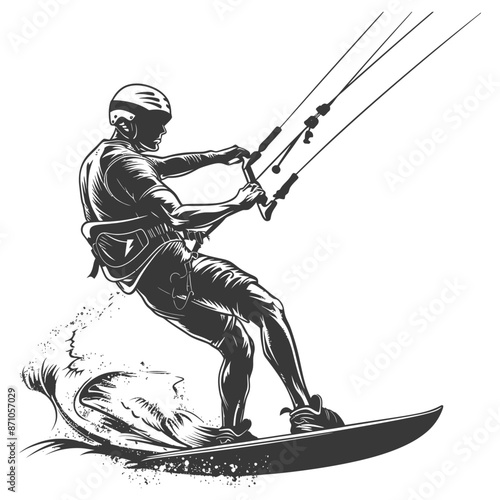 Detailed Kiteboarder Illustration: Vector Graphic in Action on Waves