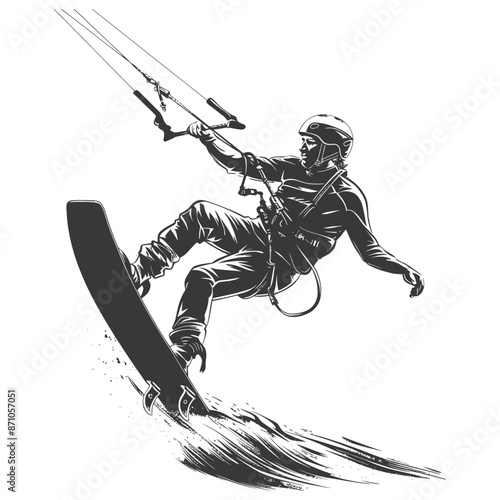 Monochrome Kitesurfer Illustration: Action-Packed Vector of Rider and Water Spray.