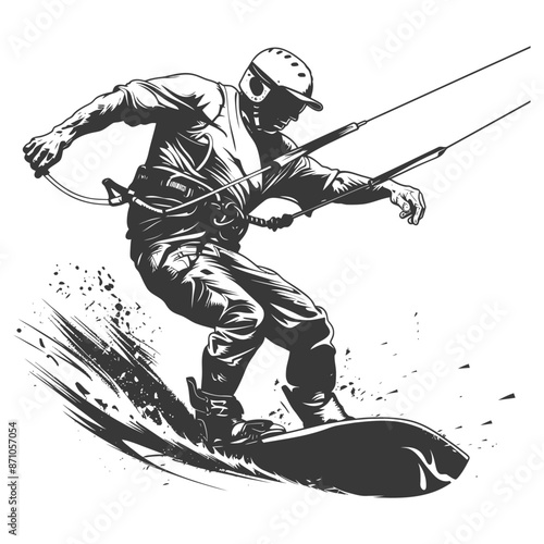 Monochrome Kitesurfer: Aggressive Vector Ride with Splash.