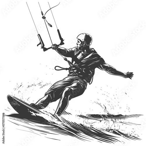 Monochrome Kitesurfer: Graphic Illustration of Action Sport Adventure.