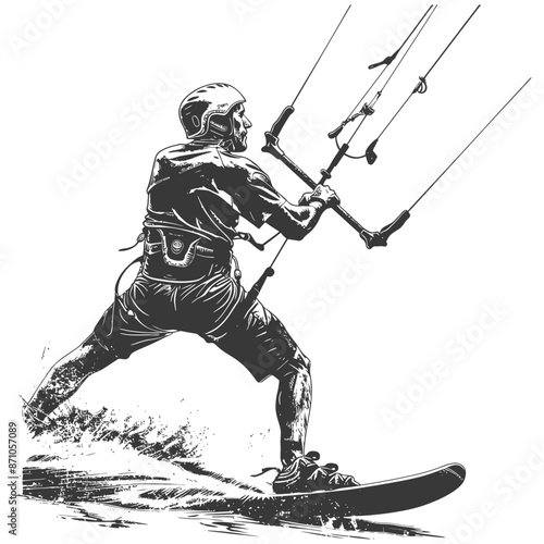 Kiteboarder Carving Waves: Stylized Monochrome Illustration.