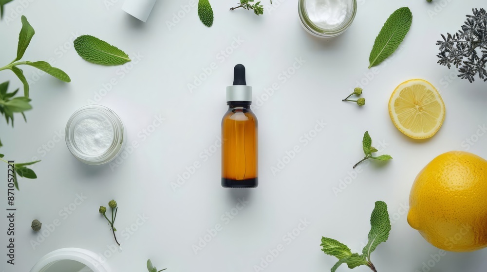 Skincare product with natural ingredients around it, white background, organic and pure Skincare product with natural ingredients around it, white background, organic and pure
