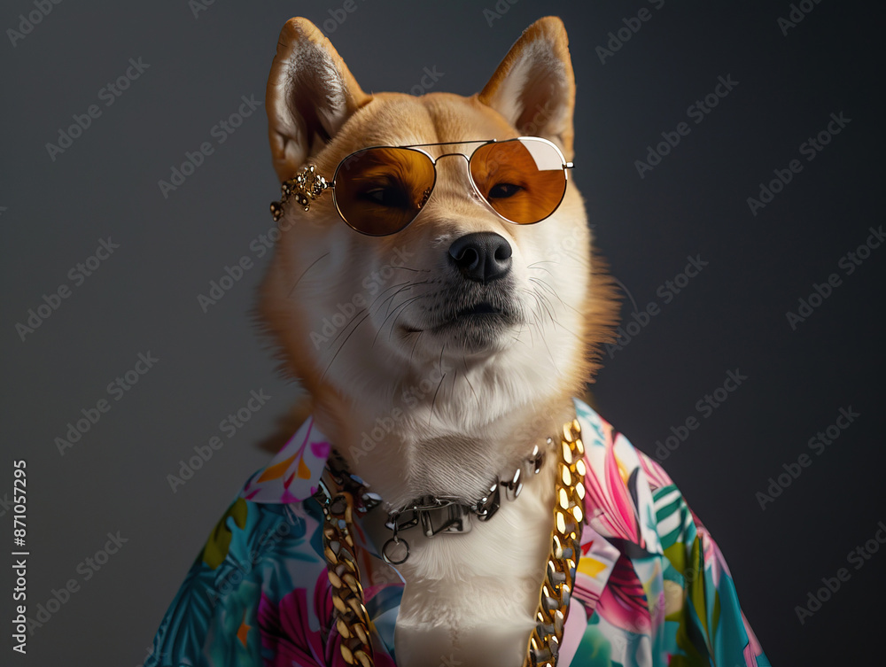 A beautiful young Akita-Inu female. Photorealistic, miami vice style, Akita dog, sunglasses, floral shirt, gold chain