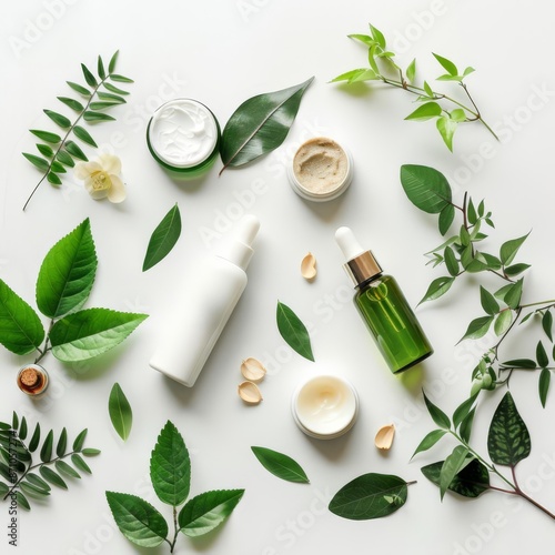Various skincare products with green leaves, white background, natural and fresh