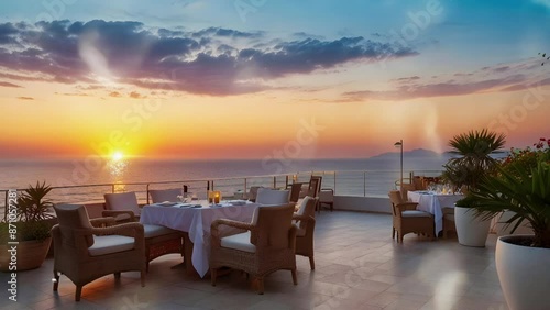 Wallpaper Mural comfortable atmosphere of a luxury restaurant with the beauty of the sea at dusk, seamless looping 4k video animation background. Torontodigital.ca