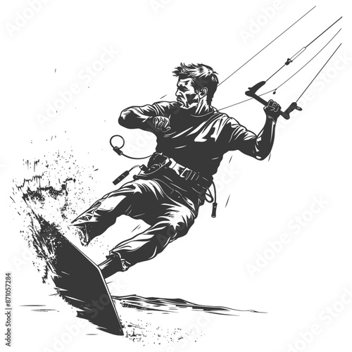 Kiteboarder Splash: Stylized Ink Drawing of Man in Action