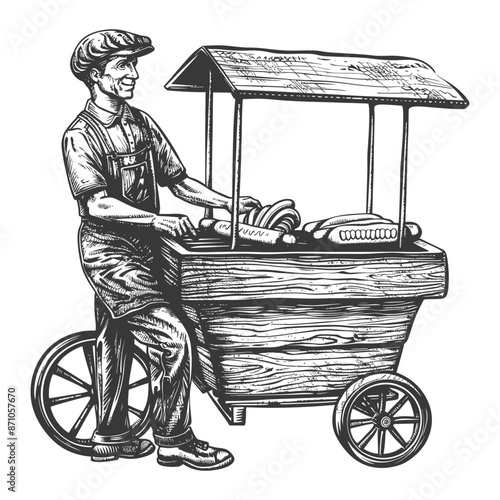 hotdog street vendor with engraving style