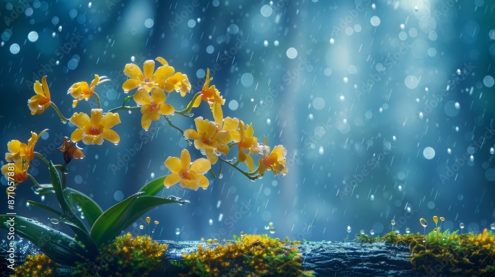 Obraz premium Vibrant 3d illustration of tropical orchid on mossy tree trunk in glistening rain nature concept