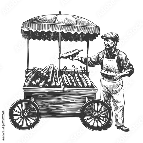 hotdog street vendor with engraving style