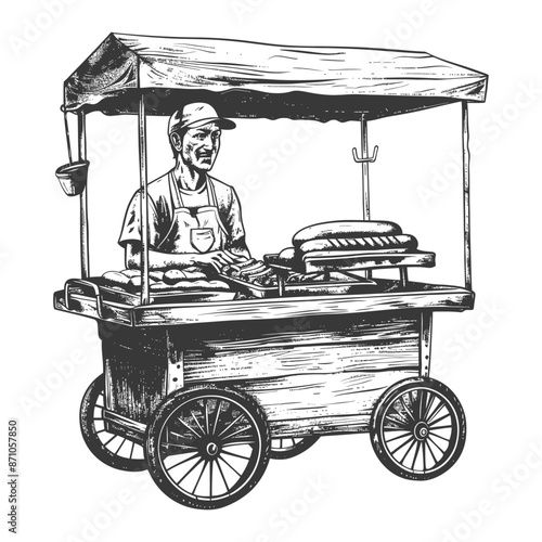 hotdog street vendor with engraving style