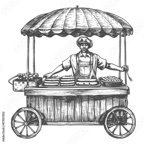 hotdog street vendor with engraving style