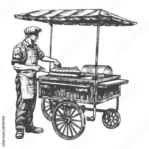 hotdog street vendor with engraving style