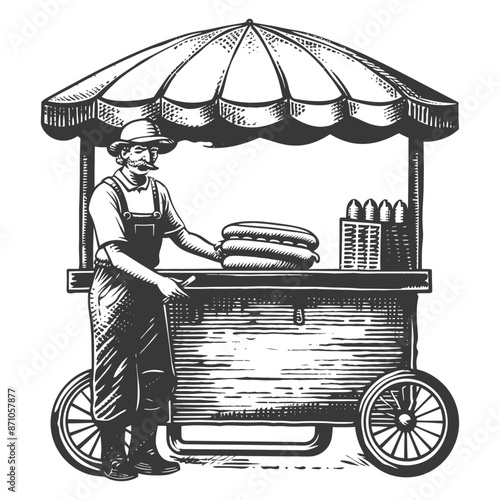 hotdog street vendor with engraving style