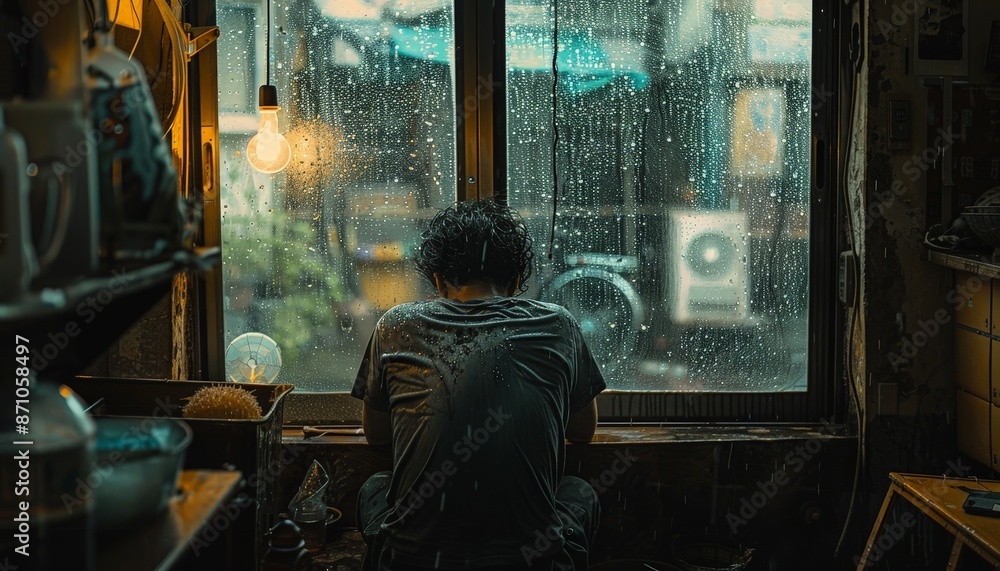 A person sitting alone in a dimly lit room, staring out a rain-soaked window, their expression a mix of melancholy and contemplation A person sitting alone in a dimly lit room, staring out a rain-soaked window, their expression a mix of melancholy and contemplation