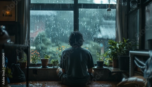 A person sitting alone in a dimly lit room, staring out a rain-soaked window, their expression a mix of melancholy and contemplation