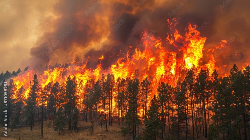 A wildfire burning through a pine forest, with flames engulfing trees and creating a wall of smoke in the sky. A wildfire burning through a pine forest, with flames engulfing trees and creating a wall of smoke in the sky.