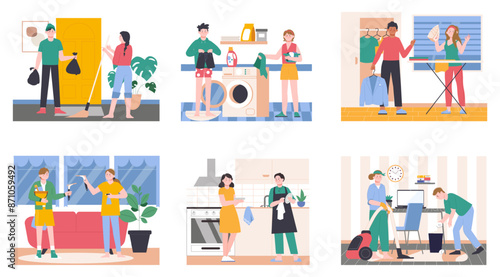 Young family cleaning home. Couples doing housework together. Housewives, householding process. Washing clean ironing, splendid vector scenes