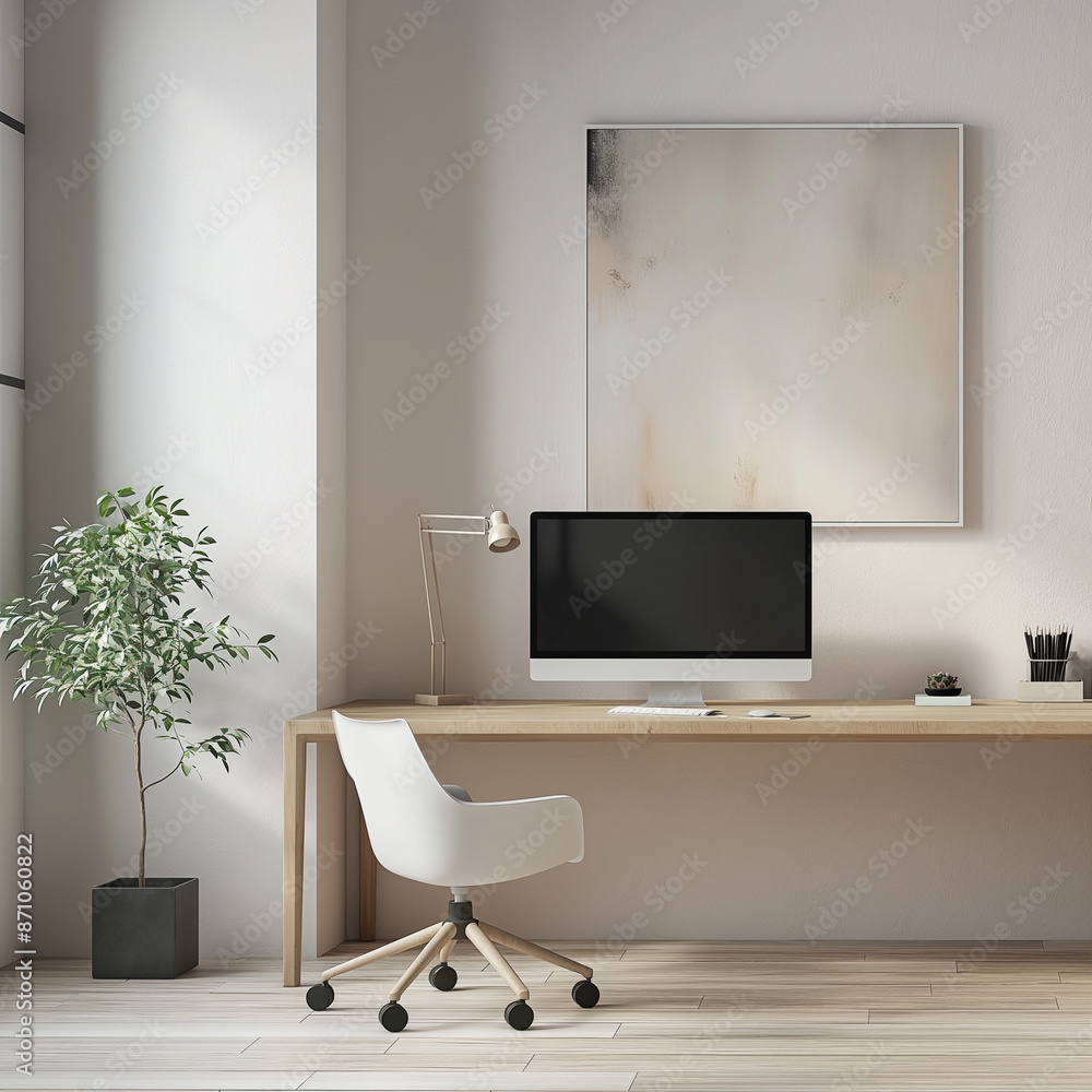 mockup of a painting/wall display in the corner of an empty wall in an aesthetic minimalist home office. ai generated mockup of a painting/wall display in the corner of an empty wall in an aesthetic minimalist home office. ai generated