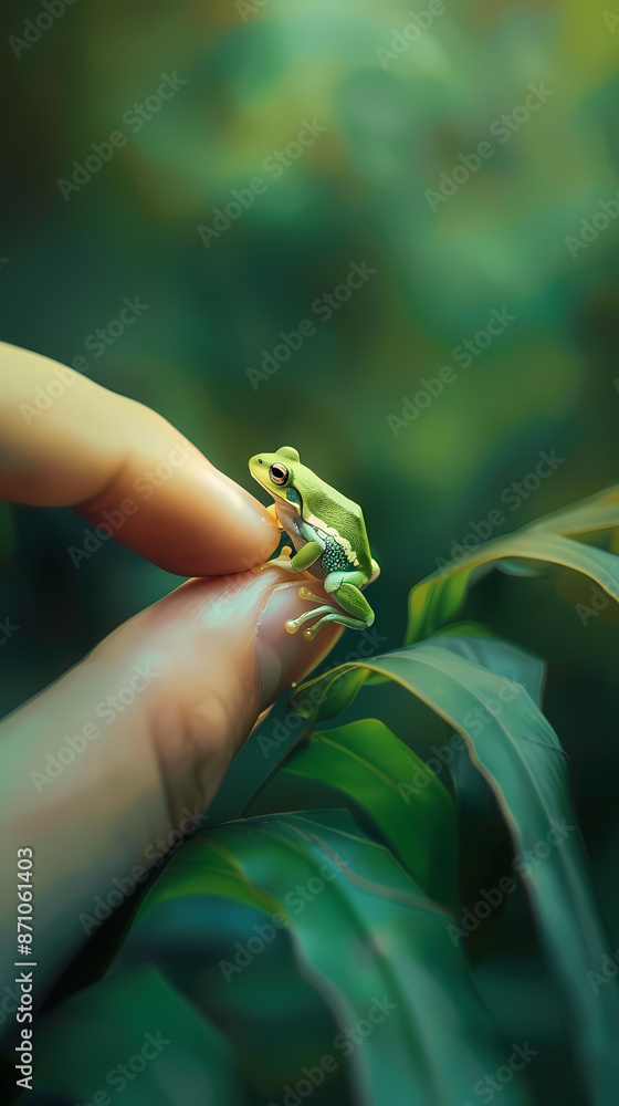 Small green tree frog sitting on fingertip Small green tree frog sitting on fingertip