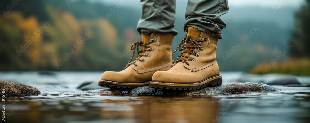 A pair of hiking boots is shown on a rock in the middle of a stream, surrounded by the vibrant colors of autumn, symbolizing adventure in an enchanting forest setting. A pair of hiking boots is shown on a rock in the middle of a stream, surrounded by the vibrant colors of autumn, symbolizing adventure in an enchanting forest setting.