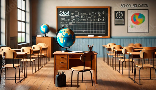 Empty Classroom with Desks and Globe - Back to School Setting photo