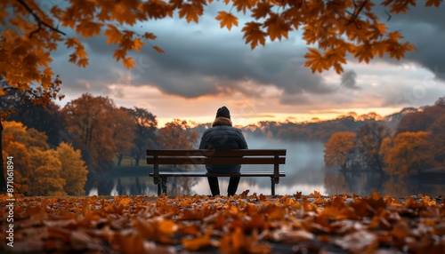 A person sitting alone on a park bench, deep in thought, surrounded by fallen autumn leaves and a cloudy sky
