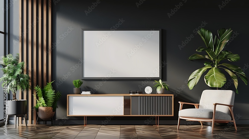 Interior of modern living room with gray walls, wooden floor, white armchairs standing near wooden coffee table and vertical mock up poster frame Interior of modern living room with gray walls, wooden floor, white armchairs standing near wooden coffee table and vertical mock up poster frame