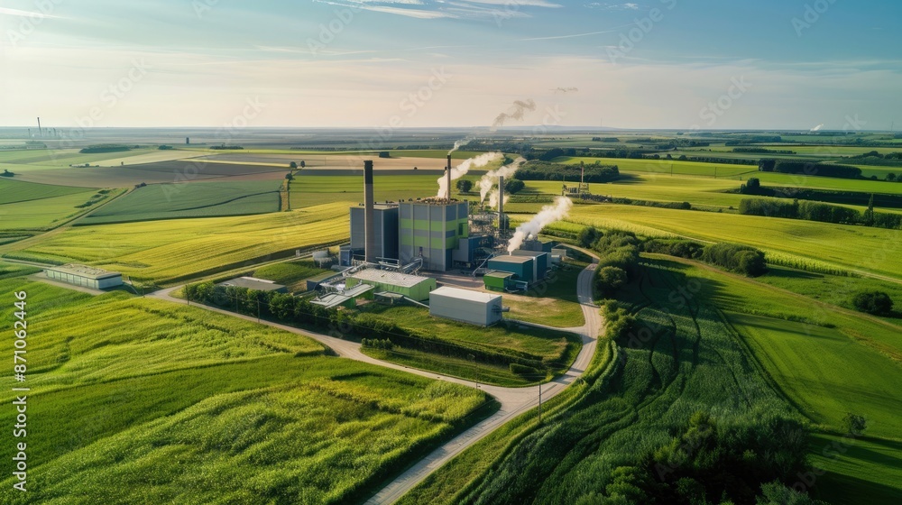 Obraz premium Aerial view of a biomass power plant surrounded by fields of renewable energy crops like switchgrass.