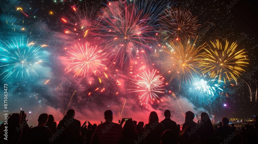 A vivid display of fireworks bursts over a crowded urban setting, creating a dynamic and colorful scene that captivates the spectators and lights up the night sky. A vivid display of fireworks bursts over a crowded urban setting, creating a dynamic and colorful scene that captivates the spectators and lights up the night sky.