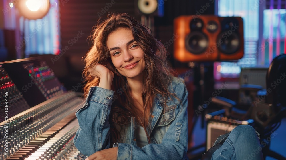 A woman in a denim jacket sits smiling in a recording studio, surrounded by sound equipment, capturing the connection between modern music production and personal expression. A woman in a denim jacket sits smiling in a recording studio, surrounded by sound equipment, capturing the connection between modern music production and personal expression.