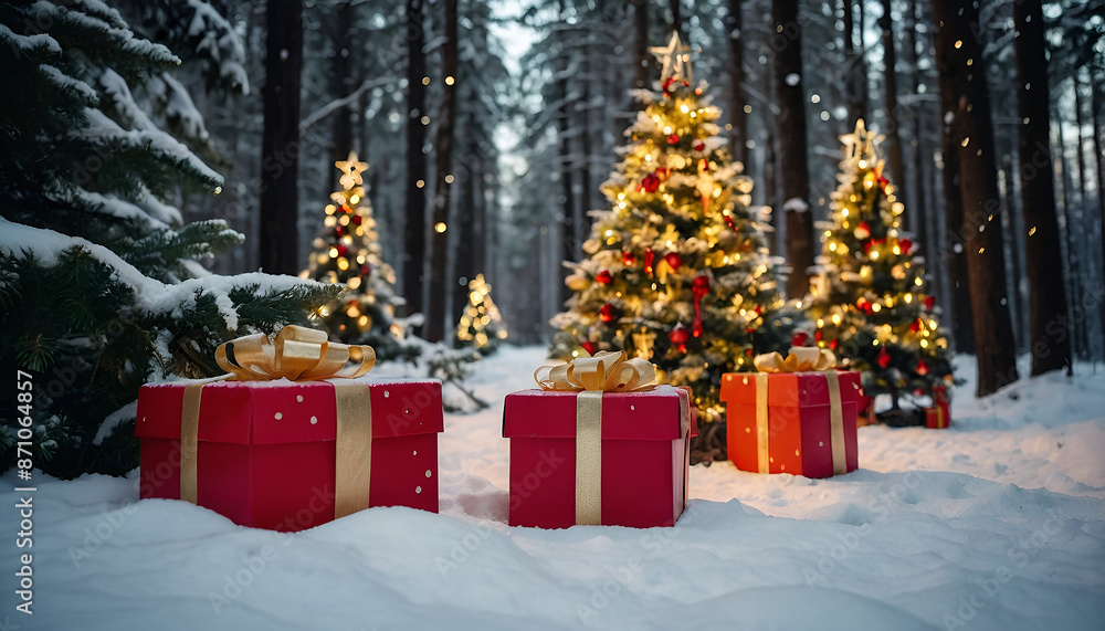 Illuminated Christmas trees with red and golden garlands into a forest with snowy flakes with shape of stars close to xmas gifts in red boxes Illuminated Christmas trees with red and golden garlands into a forest with snowy flakes with shape of stars close to xmas gifts in red boxes