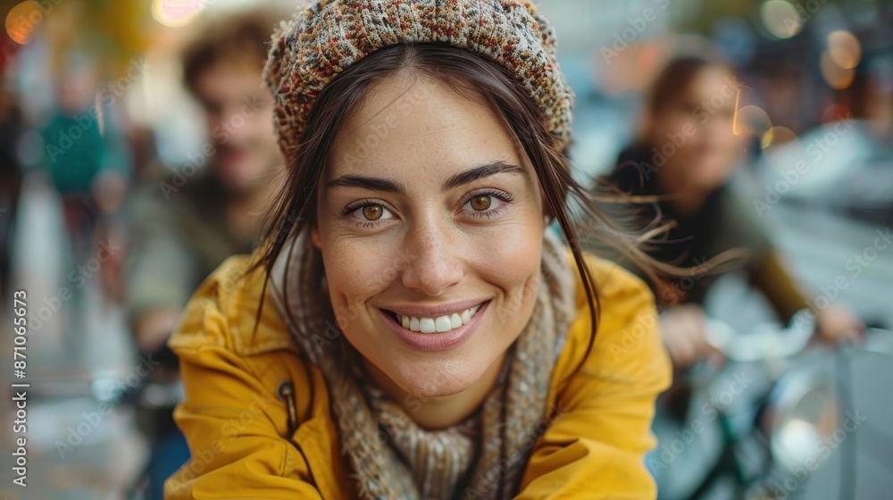 A smiling woman enjoys riding her bicycle in the city with friends, wearing a knitted hat and scarf, capturing a joyful and dynamic moment in an urban setting. A smiling woman enjoys riding her bicycle in the city with friends, wearing a knitted hat and scarf, capturing a joyful and dynamic moment in an urban setting.