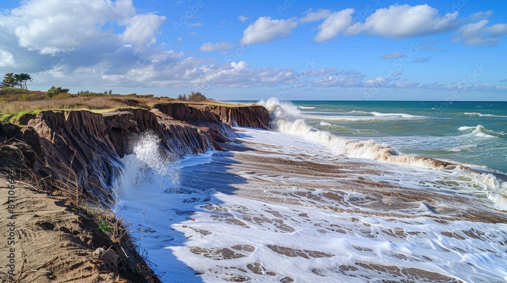 Fototapeta premium Coastal erosion due to rising sea levels, with waves crashing against cliffs and eroding shorelines.