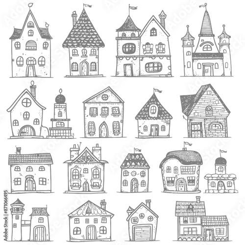 Wallpaper Mural hand drawn cute building kawaii doodle collection set with engraving style Torontodigital.ca