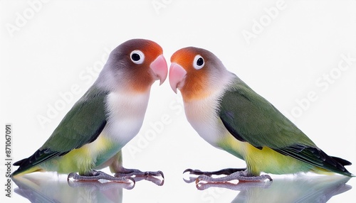 cute pair of lovebirds aka agapornis sitting close together on flat surface isolated cutout on a transparent background