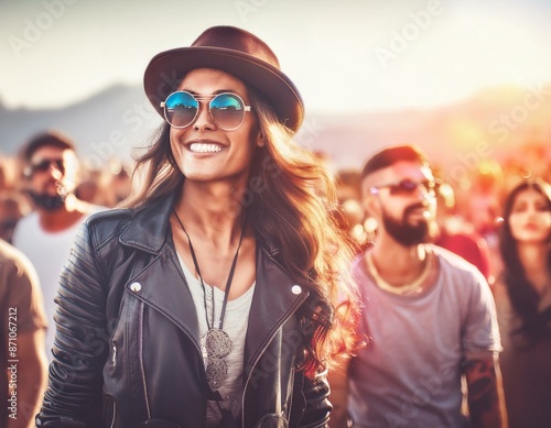 Beautiful Rock girl with hat, vintage sunglasses during concert and golden hours