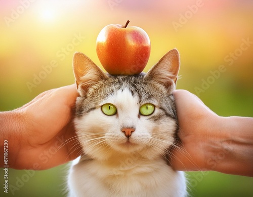 Embrasse a cat with an apple on the head 