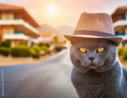 Real estate Grey Cat with a hat and ready to sell