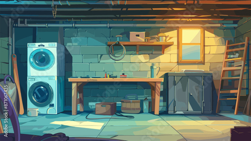 Basement With Washing Machine Wooden Table And Tool Stand Game Cartoon Background Laundry Room Workshop Storage Utility Room Tools Equipment Rustic Home Interior Illustration