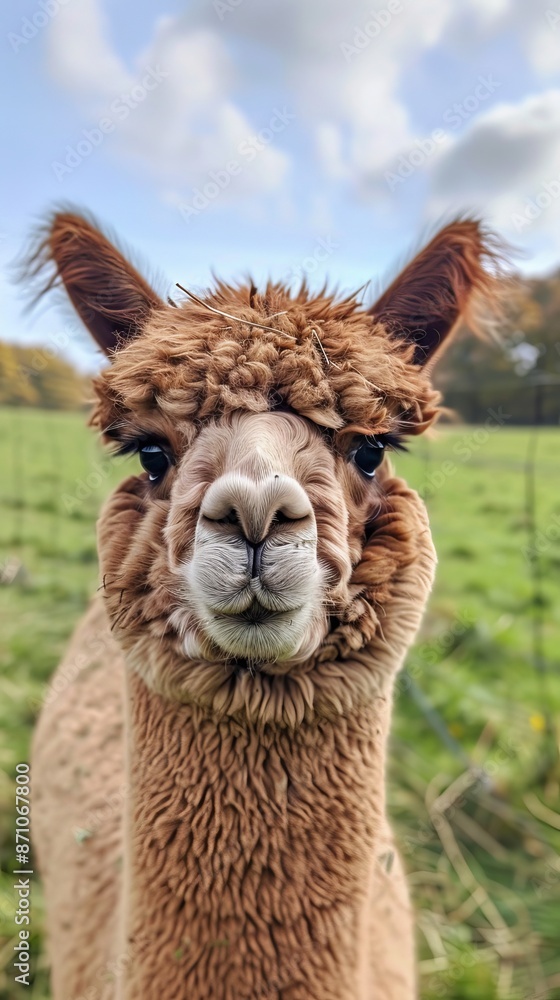Obraz premium Close-up of an alpaca in a green field, cute and curious animal portrait