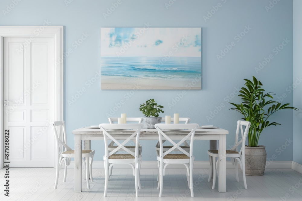 Interior of modern dining room with blue wall, white table and chairs. Interior of modern dining room with blue wall, white table and chairs.
