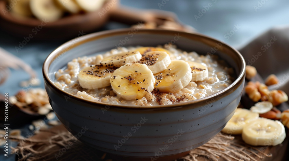 bowl of porridge with banana and walnuts, a simple yet delicious breakfast meal. bowl of porridge with banana and walnuts, a simple yet delicious breakfast meal.